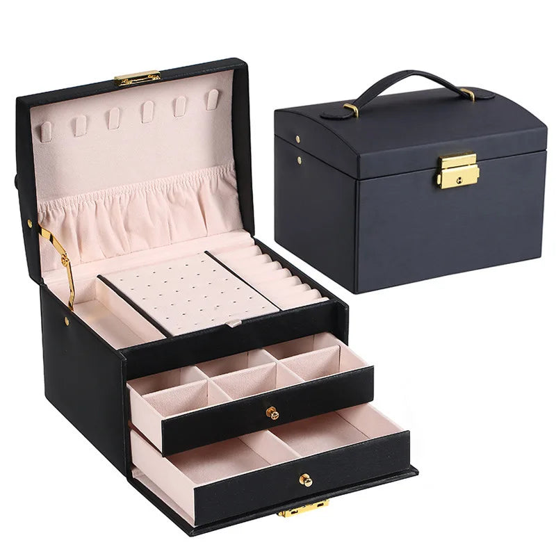 Multi Functional Three Layer Leather Jewelry Box - Smarsty