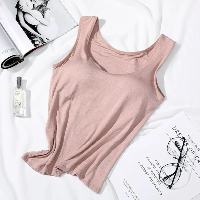 2023 Women's Vest Tops with Built In Bra Neck Vest Solid Color Padded Slim Fit Tank Tops Sexy Shirts Feminino Casual Tank Tops - Smarsty