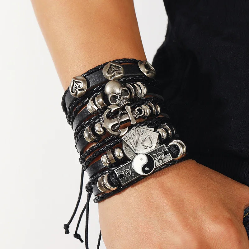 Viking Leather Bracelet For Men Adjustable Skull Design - Smarsty