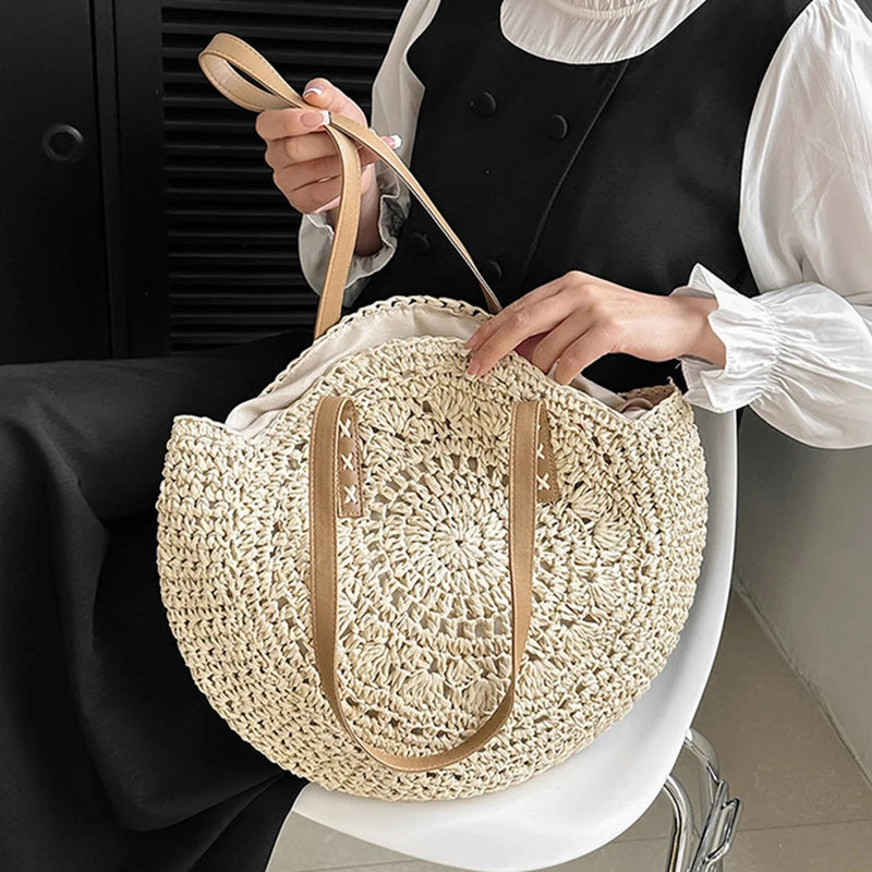 Round Straw Beach Tote for Women Large Capacity Bag - Smarsty