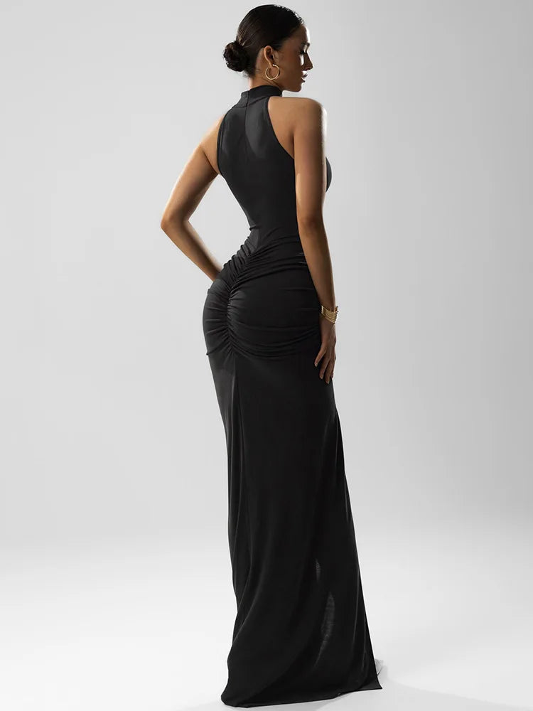 Mozision Halter Ruched Sleeveless Sexy Maxi Dress Women Gown Fashion Slim High Waist Evening Club Party Split Long Dress - Smarsty