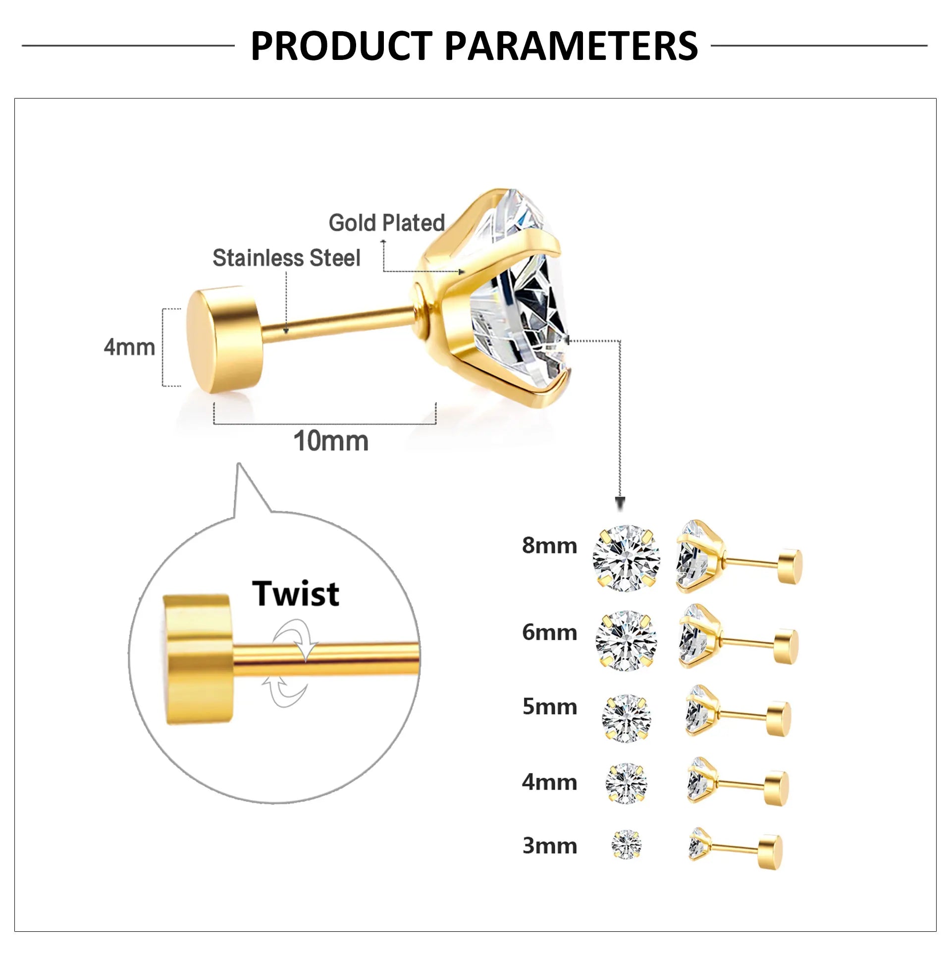 Stainless Steel CZ Stud Earrings Hypoallergenic Screw - Smarsty