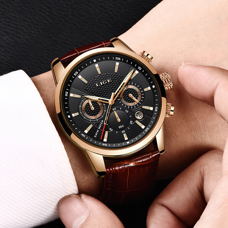 LIGE Luxury Men's Leather Sport Watch with Chronograph - Smarsty