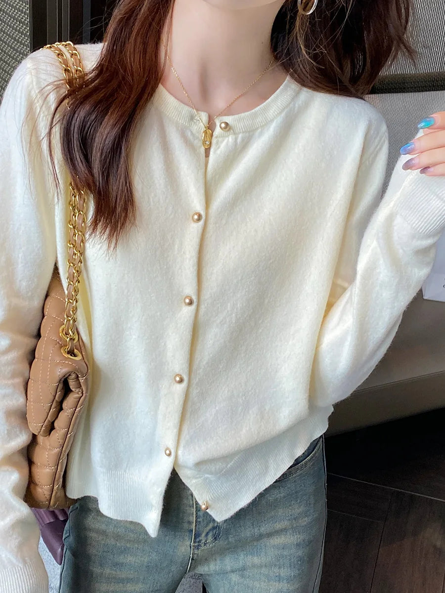 Solid Color Knitted for Women Cardigan Korean Single Breasted Long Sleeve Jumper Woman Round Neck All Match Cardigans Outwear - Smarsty