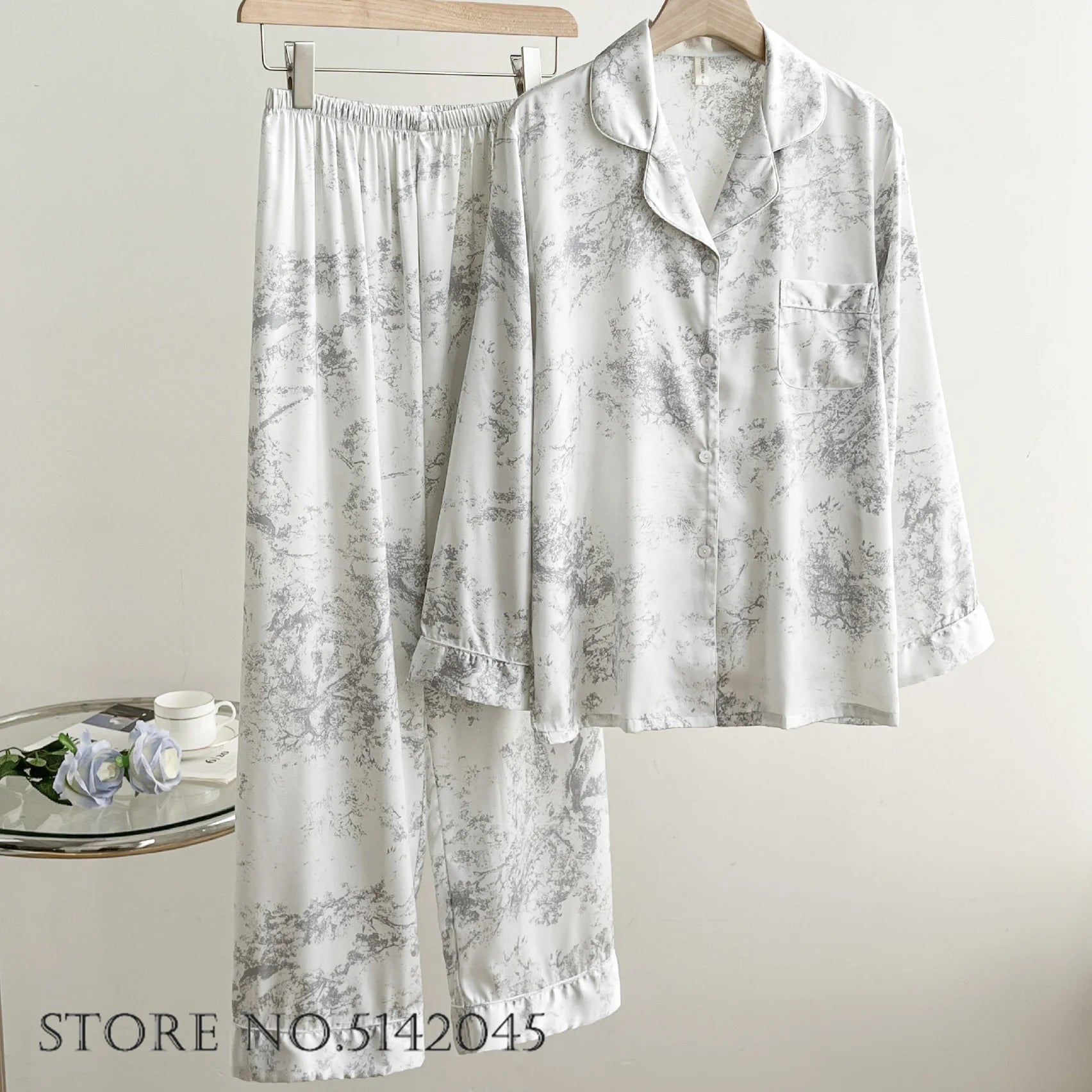 Fashion Print Flower 2PCS Pajamas Set Women Sleepwear Spring Summer Trouser Suits Lounge Wear Loose Satin Homewear Pijamas Suit - Smarsty