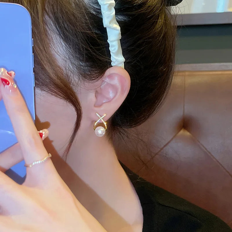 Pearl Long Earrings With Rhinestones For Wedding Fashion - Smarsty
