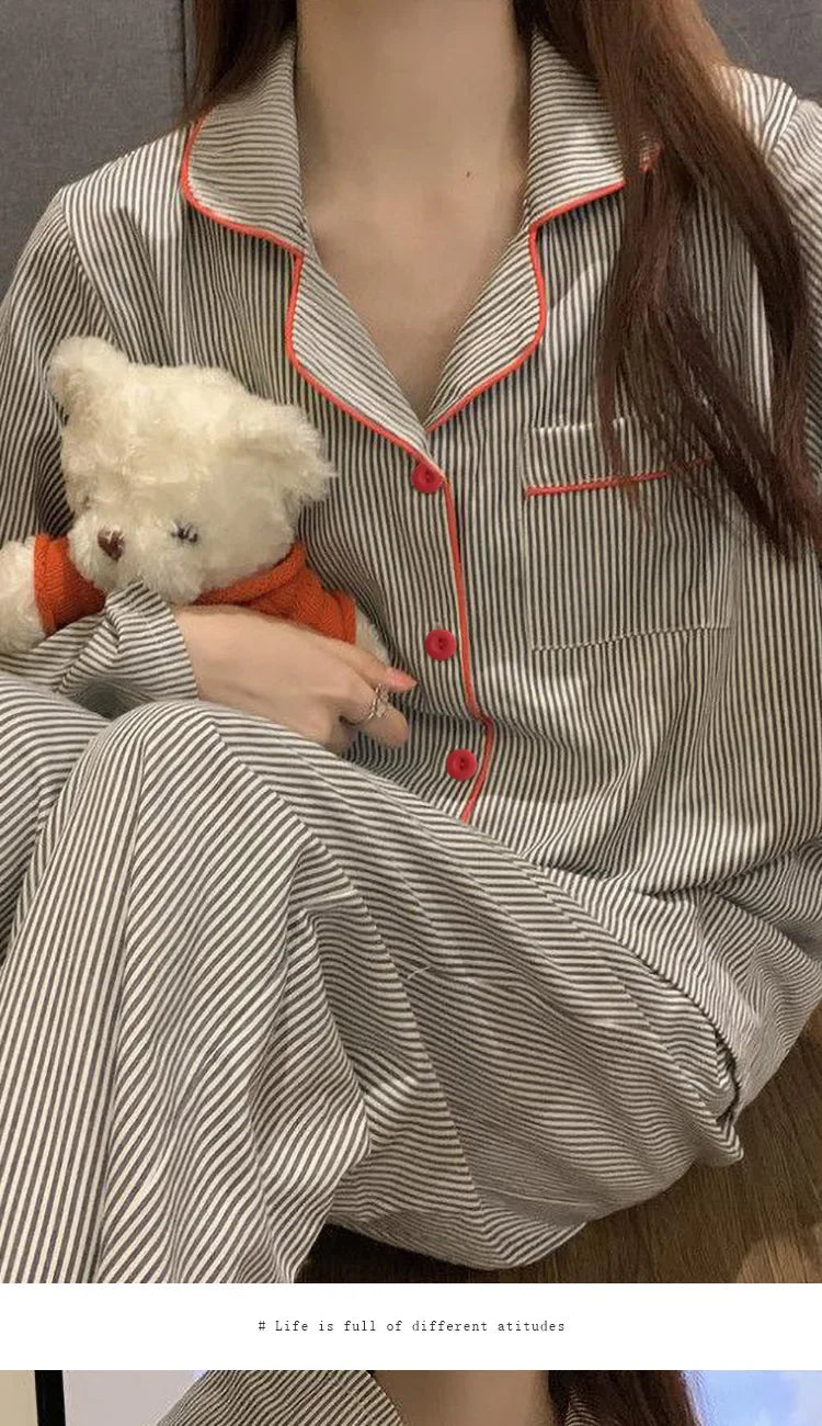 2PCS/Set Women's Long Sleeve Loose Breathable Student Sleepwear Loungewear Cardigan Gray Striped Girl Fashion Pajamas Homewear - Smarsty