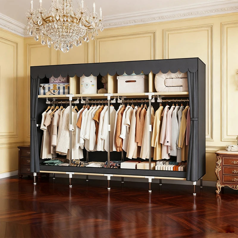 Heavy Duty Fabric Wardrobe 78.7x17.7x66.9in - 4 Hanging Rods & 4 Storage Spaces, 16mm Metal Frame with Thick Dust Cover
