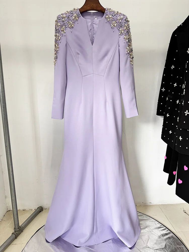 HIGH STREET Newest Fashion 2025 Designer Party Vestido Women's Diamonds Beaded Split Long Maxi Dress - Smarsty
