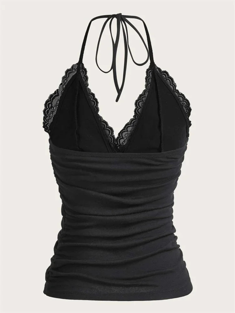 Goth Grunge Punk Black Lace Patchwork Halter Top Women Summer Solid Ruched Backless Sleeveless Tank Top Streetwear Y2K Clothes - Smarsty