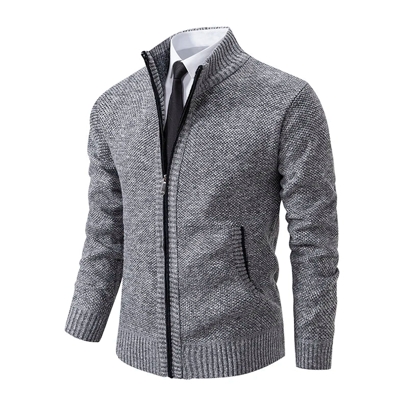 Autumn And Winter New Jersey Men's Casual Sports Coat Solid Color Stand Collar Wweater Grab Fleece Warm Zipper Cardigan - Smarsty