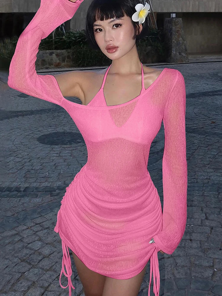 Dulzura Solid Skew Collar Ruched Straps Lace-Up See Through Draw String Mini Dress 2023 Summer Women Party Clubwear Wholesale - Smarsty