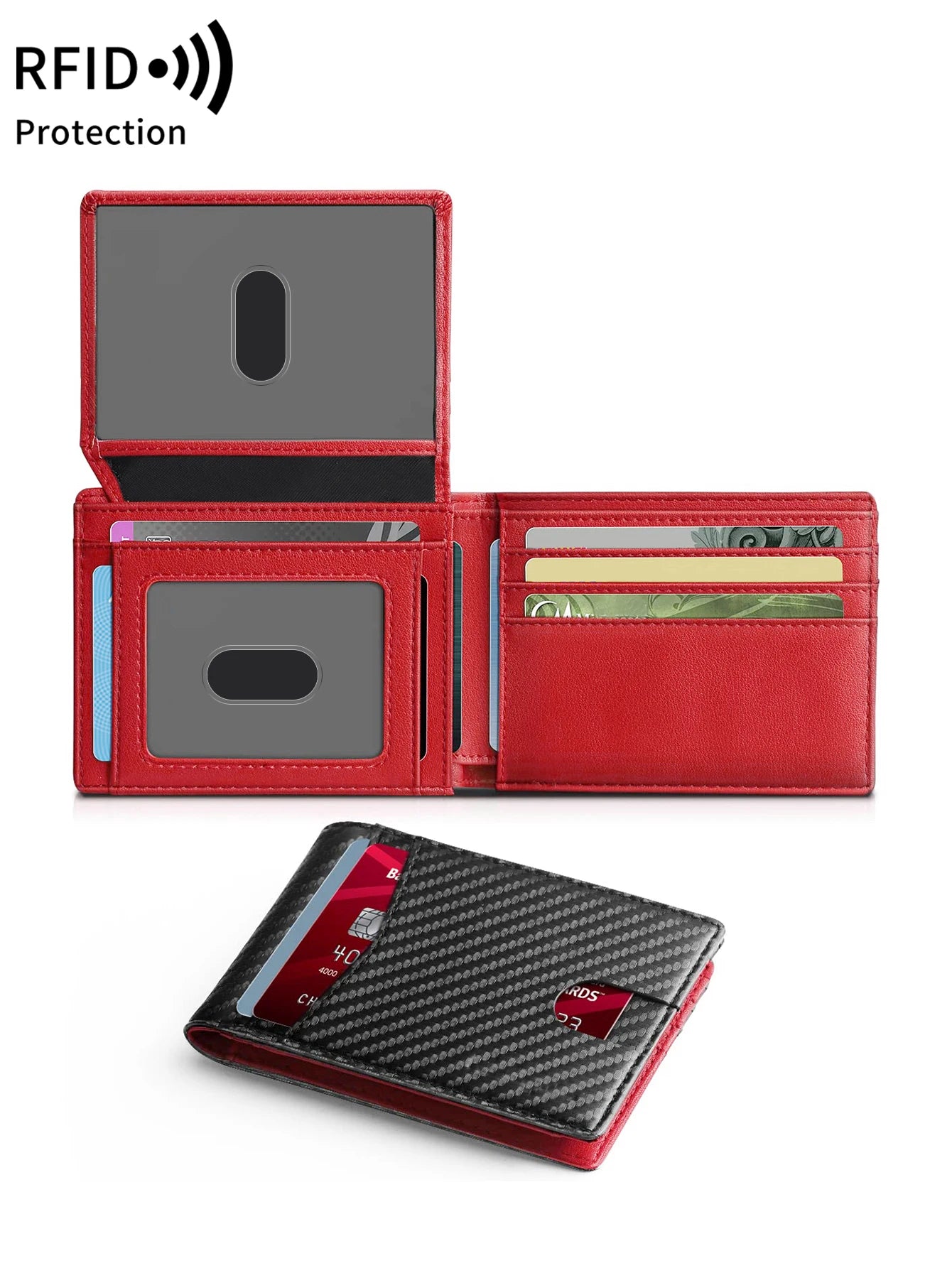 RFID Blocking Ultra-thinTrifold Wallet Carbon Fiber Pattern Portable Credit Card Holder,with2 ID Windows and Multiple Card Slots - Smarsty