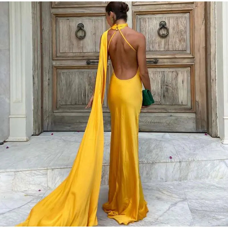 Elegant Solid Ribbon Women Halter Dress Off Shoulder Sleeveless Backless Slim Female Maxi Dresses 2025 Summer New Chic Lady Robe - Smarsty