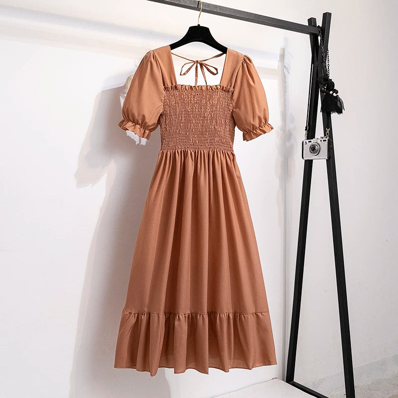 Spring Summer Chiffon Dresses Fashion Female Elastic Waist Short Sleeve Pleated Casual Dress Women A-line Dresses Vestidos - Smarsty