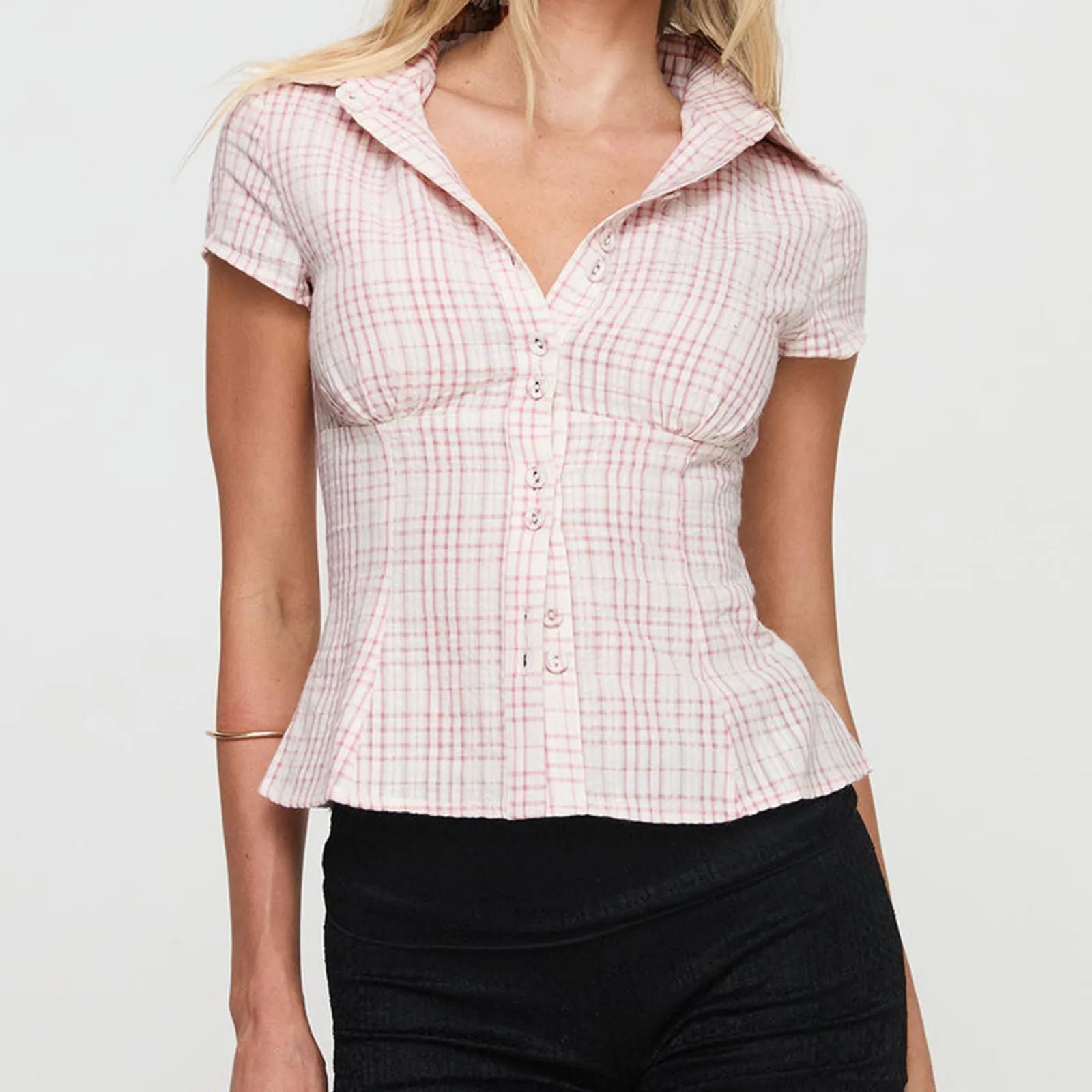 hirigin Women's Y2K Short Sleeve Plaid Button Down Shirt Button Down Blouses Tops Casual Summer Shirt Tops 90s Streetwear - Smarsty