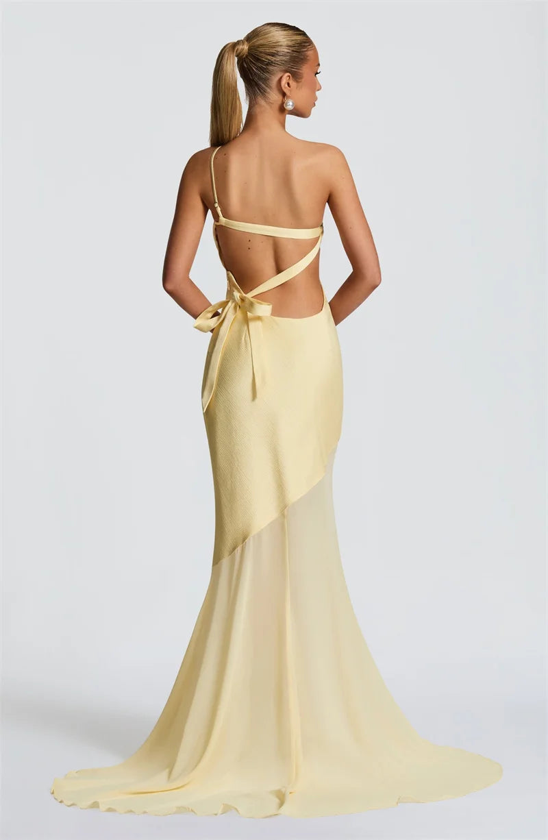 Mozision One Shoulder Backless Sexy Maxi Dress Women Gown Fashion Patchwork Sleeveless Bodycon Club Party Long Dress Elegant - Smarsty