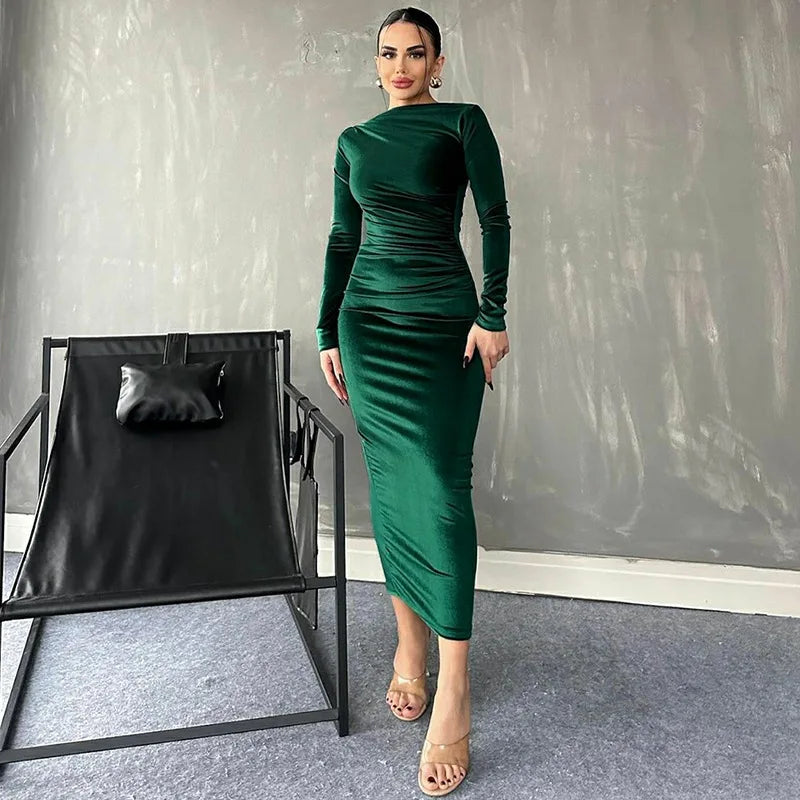 Dulzura 2024 Spring Summer Velvet Long Sleeve Midi Dress For Women Ruched Long Dress Elegant Party Clothes Evening Green Outfits - Smarsty