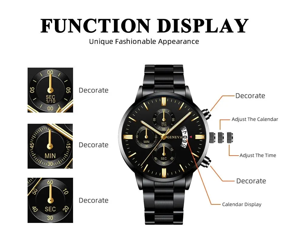 Luxury Black Stainless Steel Men's Watch with Calendar Feature - Smarsty