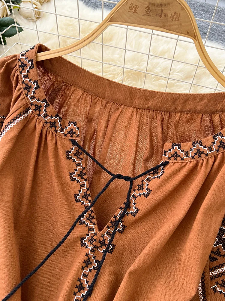 Bohemian Retro Ethnic Style Dress Women's New Spring Autumn Embroidered Lace Up Lantern Sleeves Waist Cinching Long Dress A155 - Smarsty