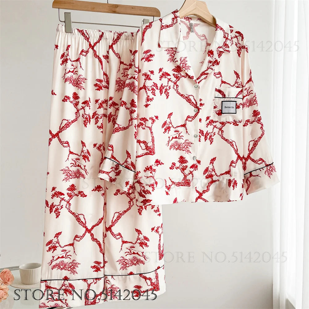 Fashion Print Flower 2PCS Pajamas Set Women Sleepwear Spring Summer Trouser Suits Lounge Wear Loose Satin Homewear Pijamas Suit - Smarsty