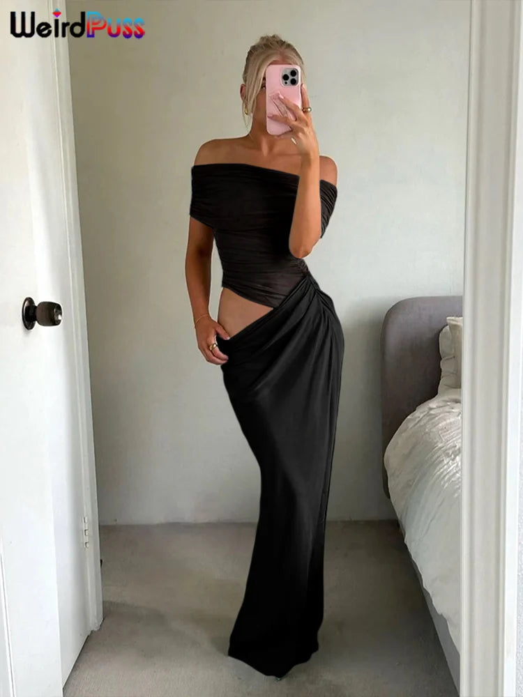 Weird Puss Ruched Irregular Dress Women Mesh Patchwork Slash Neck Short Sleeve Skinny Stretch Trend Elegant Long Bodycon Outfits - Smarsty