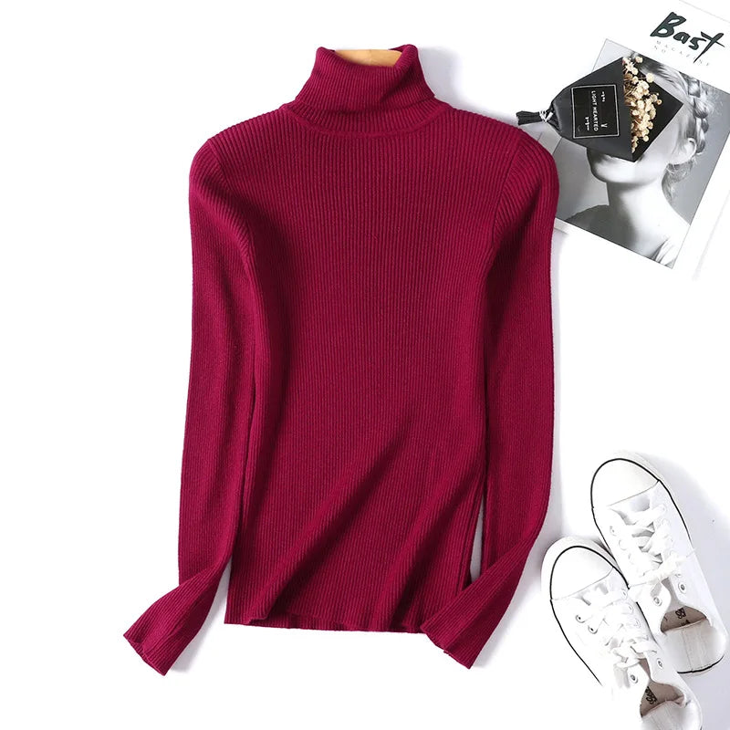 2025 Autumn Winter Women Long Sleeve Knitted Foldover Turtleneck Ribbed Pull Sweater Soft Warm Femme Jumper Pullover Clothes - Smarsty
