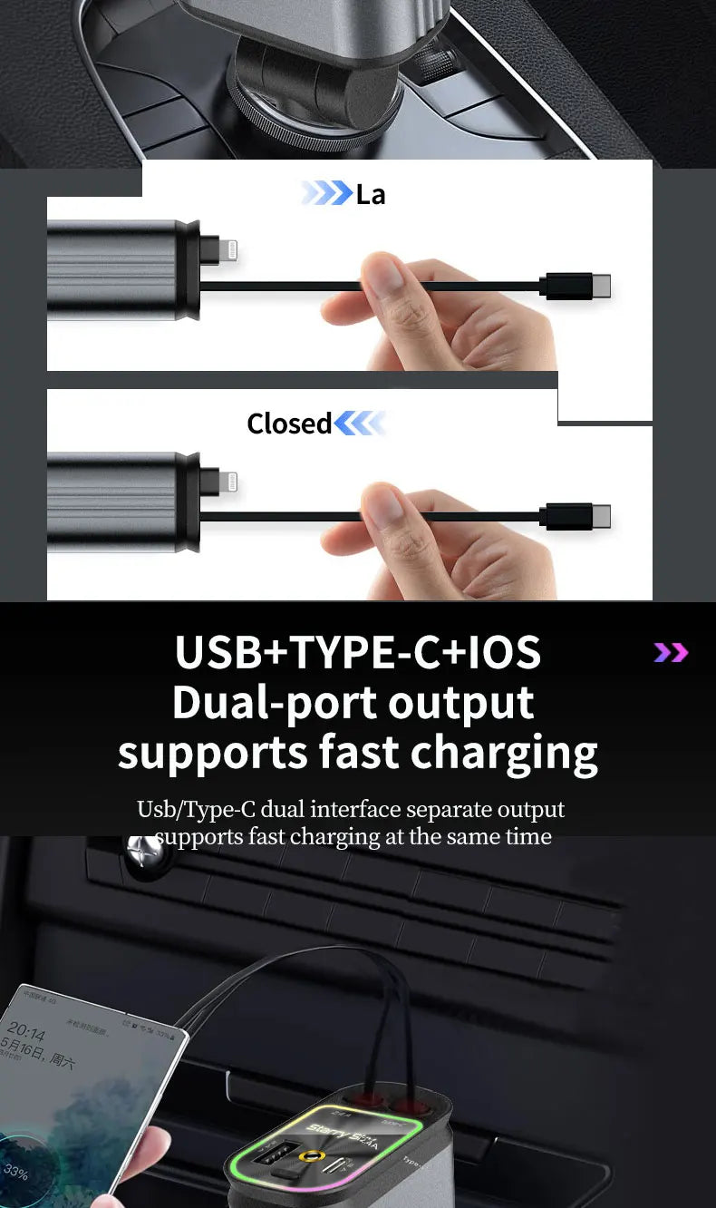 5-in-1 180W Car Fast Charger USB Type-C Power Adapter Retractable Phone Charger With Roof Starlight For IOS Android Phones - Smarsty