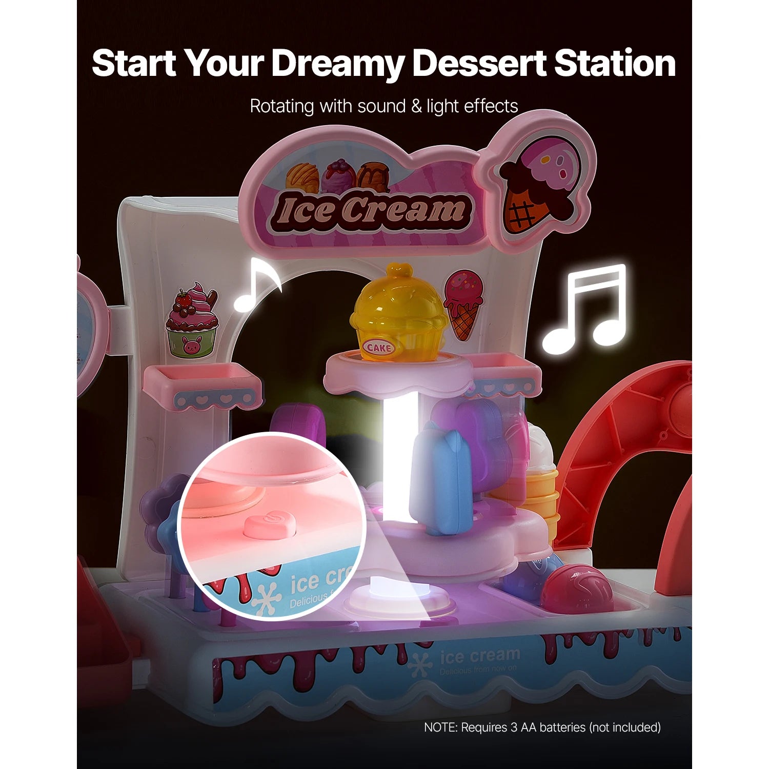 SucceBuy Pink Kids Ice Cream Cart Pretend Play Store Dolly with Sound & Light Effect Montessori Educational Toys for Children