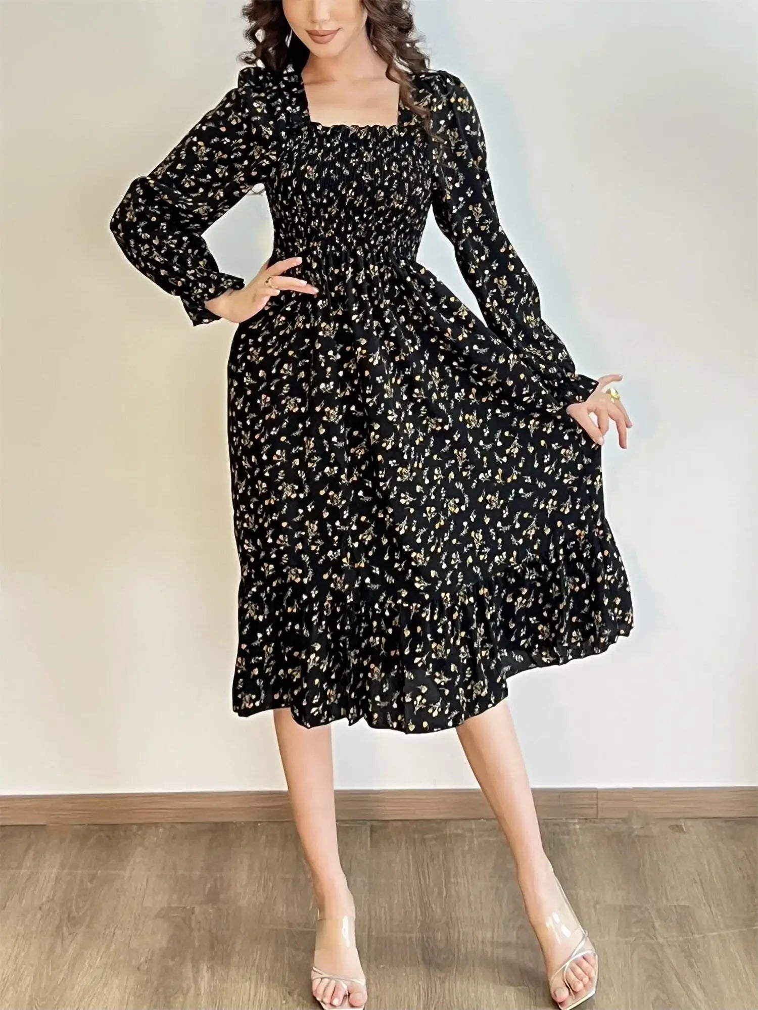 Long Sleeve Casual Dress Women Chiffon Dresses Autumn Spring A-line Printed Floral Elastic Chest Lace Up Midi Dresses Vestidos - Smarsty