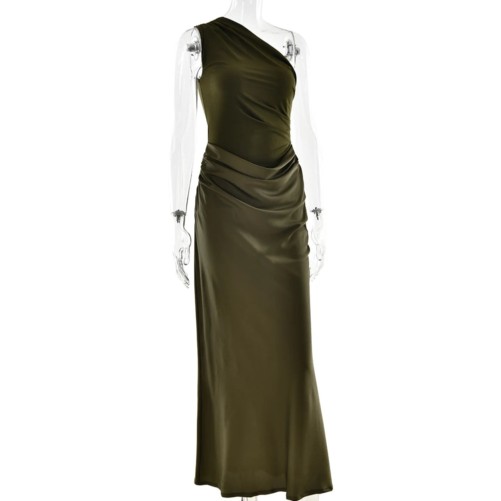 JULISSA MO Patchwork Satin Sexy One Shoulder Women Maxi Dress Brown Sleeveless Evening Dress Summer Slim Elegant Party Clubwear - Smarsty