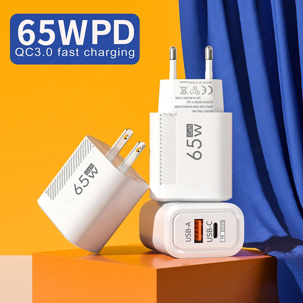 GaN USB C Charger 65W FastCharge EuropeanUnion US Plug - Smarsty