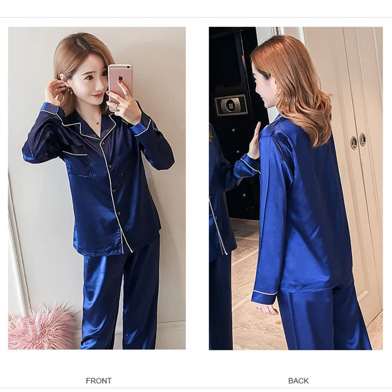 Pajamas Sets for Women 2024 Sexy Silk Women Pijama Sets Sleepwear Long-sleeve Cardigan Set Female Ice Silk Pyjamas Home Clothing - Smarsty