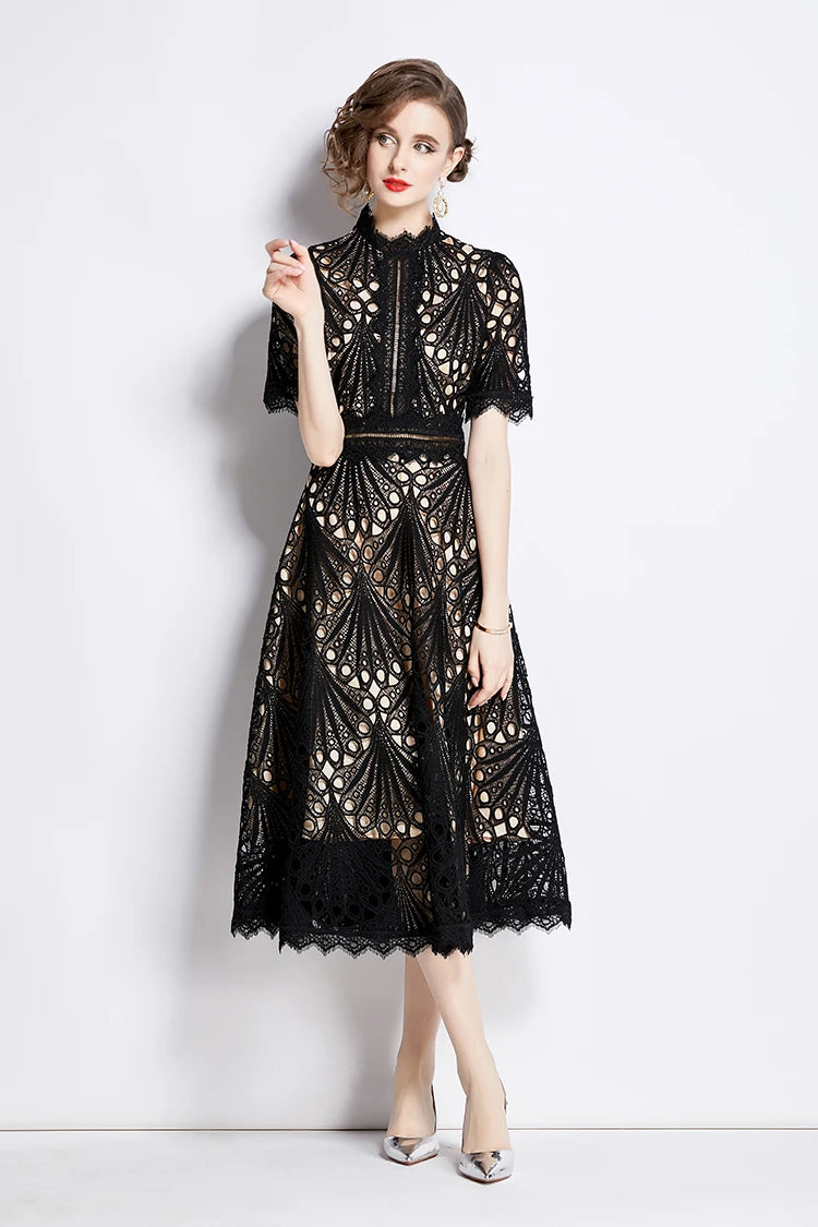H Han Queen Spring New Elegant Casual Work Party Dresses Floral Crochet Hollow Out Lace Patchwork Casual Office Midi Dress - Smarsty
