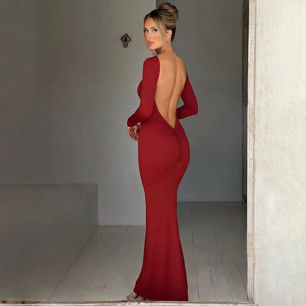 Hugcitar Spring Elegant Long Sleeve Backless Solid Cuched Sexy Bodycon Maxi Prom Dress Women Outfit Evening Party Festival Y2K - Smarsty