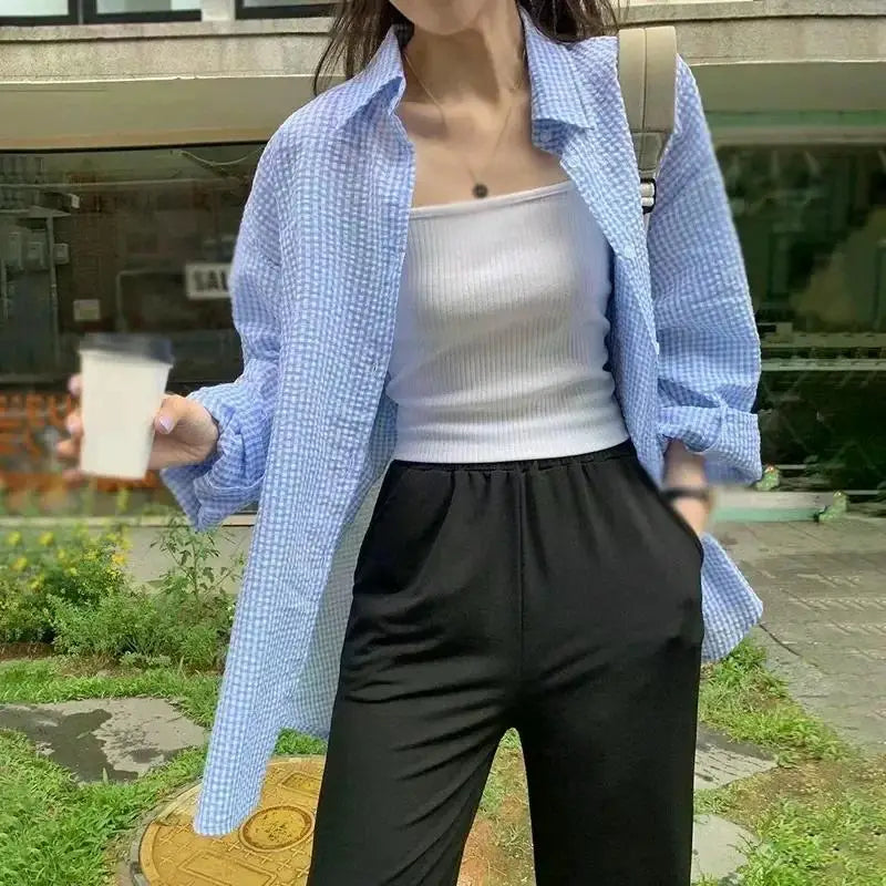 Korean Women's Shirt Sunscreen Long Sleeves Shirt Summer Women's Loose Casual Single Breasted Turndown Collar Plaid - Smarsty