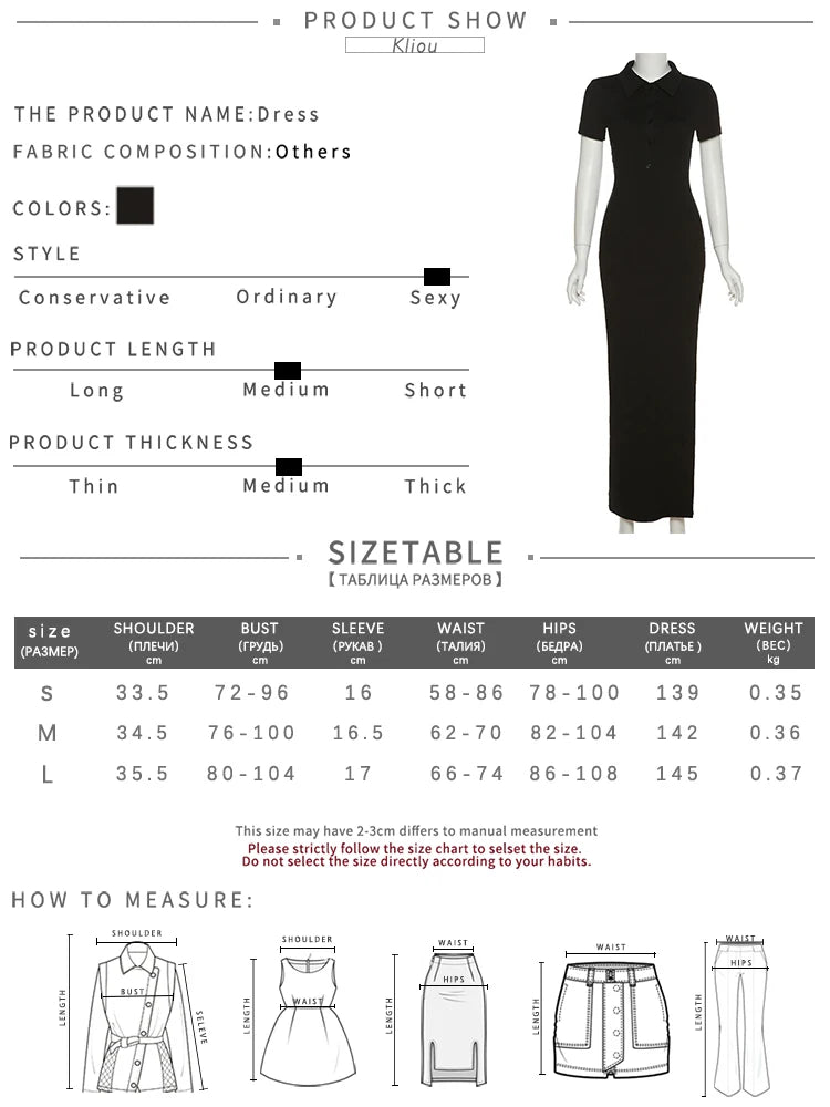 Kliou Elegant Office Lady Maxi Dress Women Solid Fashion Turn-down Collar Short Sleeve Button Side Slit Body-Shaping Street Robe - Smarsty