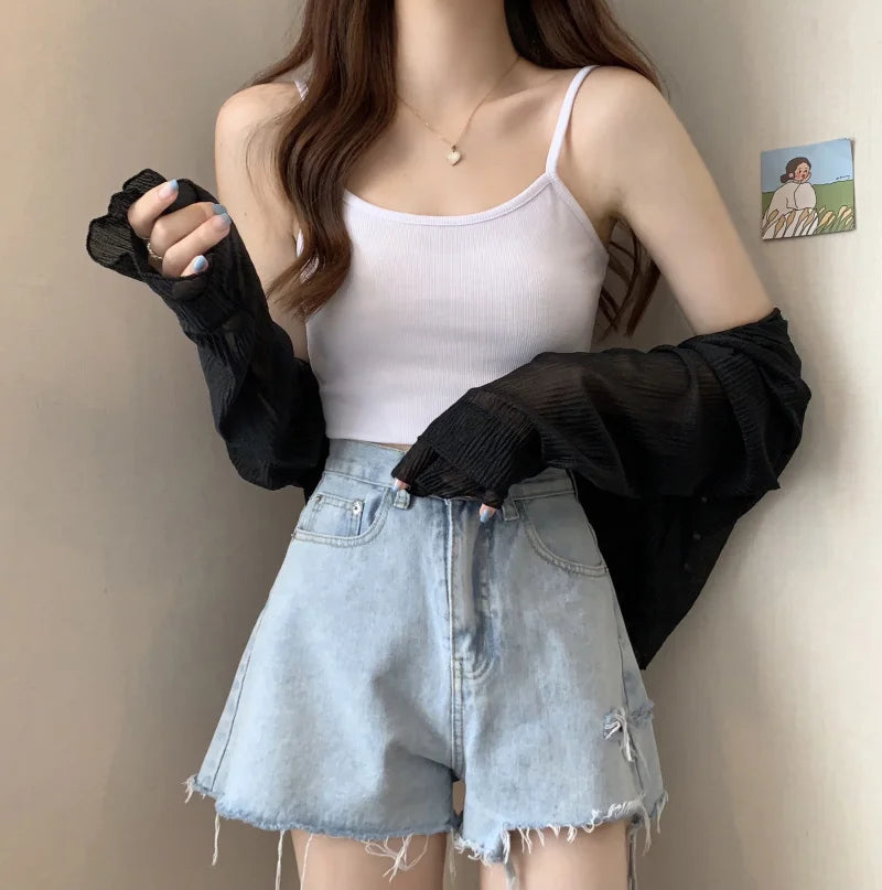 2025 Fairy Style Solid Cardigan Women Summer New Long Sleeve Sunscreen Sweet Beading V-neck Basics Loose Chiffon Cardigan - Smarsty