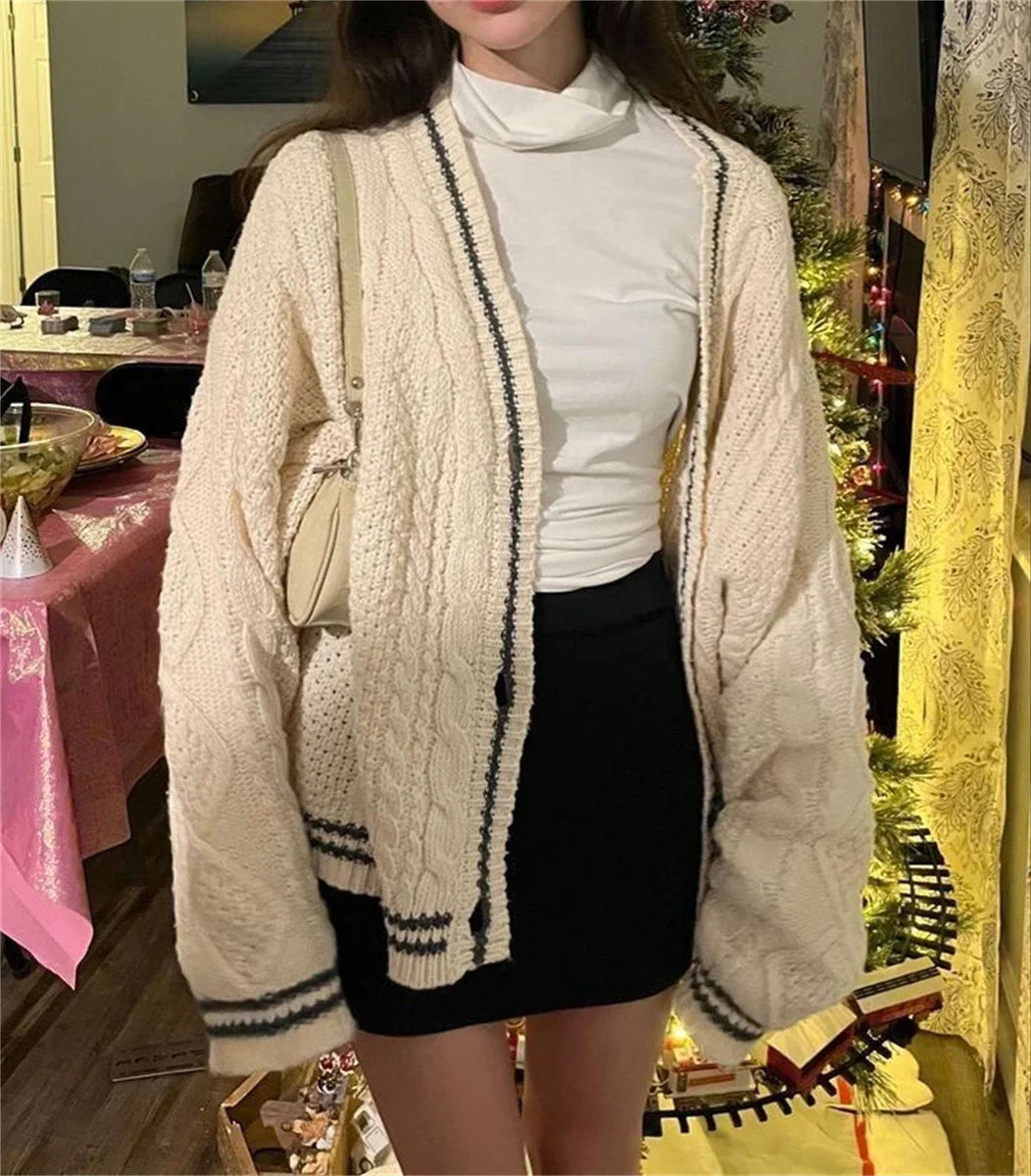 Women Winter Loose Knitted Cardigans Coat Star Embroidery Y2K Sweaters Streetwear Vintage Casual Single Breasted Long Sleeve Top - Smarsty
