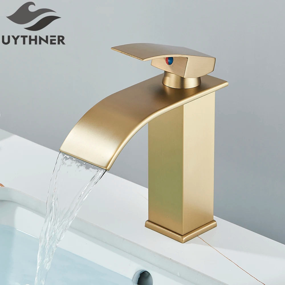 Brushed Gold Waterfall Bathroom Sink Faucet Mixer - Smarsty