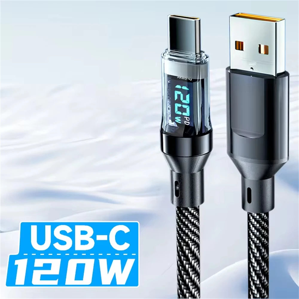 NNBILI 120W Super Fast Charging Cable Real-time Digital Display USB A to Type C data Cable For iPhone Android Phones Universal - Smarsty