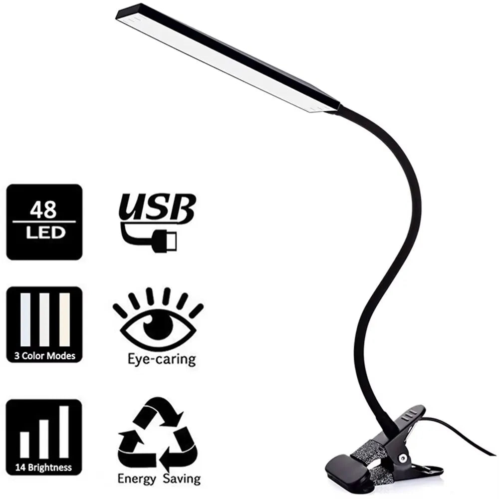 5W LED Clip on Desk Lamp with 3 Modes 11 Brightness 2M Cable Dimmer 14 Levels Clamp Table Lamp