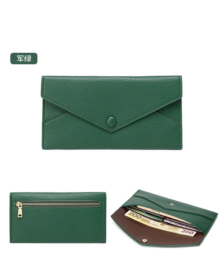 RFID Anti-Theft Purse for Women, Lychee Print, Soft Leather, Envelope Long Wallet, Ultra-thin, Portable, Simple Hand Bag
