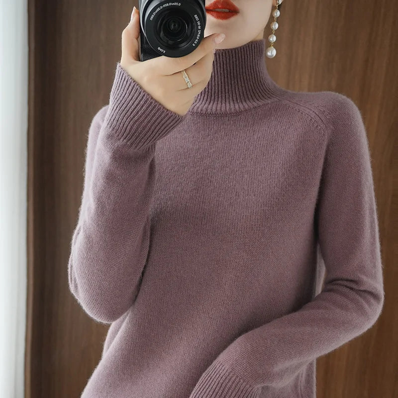 Fashion Basic Autumn Winter Merino Wool Sweater Mock Neck Cashmere Pullover Solid Color Soft Long Sleeve Clothing Tops - Smarsty