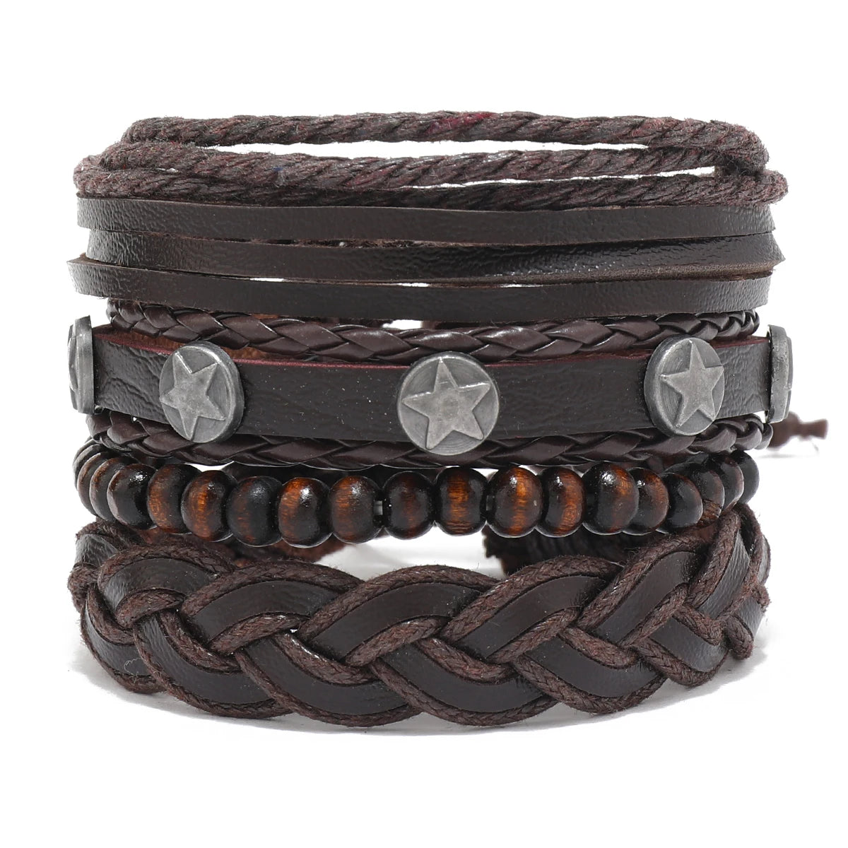 Vintage Leather Men Bracelet Woven Brown Wood Beads - Smarsty