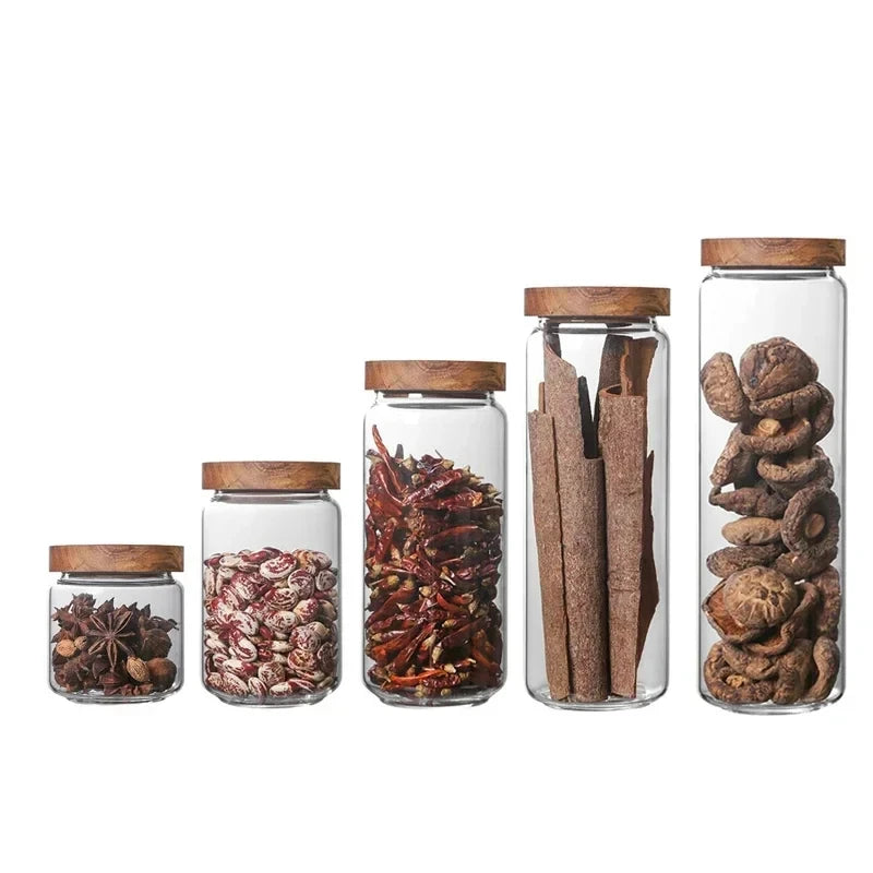 1pcs Wood Lid Orgnizer Glass Airtight Canister Kitchen Storage Bottles Jar Sealed Food Container Ginger Cereal Dispenser Set by Smarsty