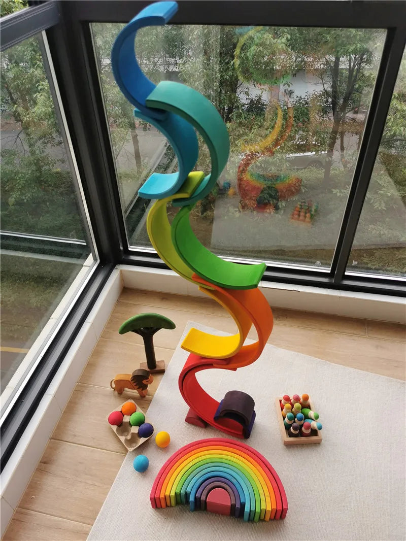High Quality Wooden Toys Lime Wood Rainbow Arch Stacking Blocks Building Semi Color Sorting Peg Dolls Balls Slat for Kids Play - Smarsty