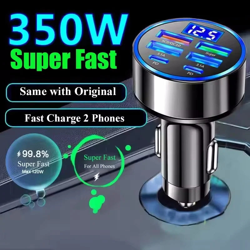 350W USB Car Charger PD QC3.0 USB C Car Phone Charger Type C Adapter for iPhone Samsung Huawei Xiaomi Quick Charge - Smarsty