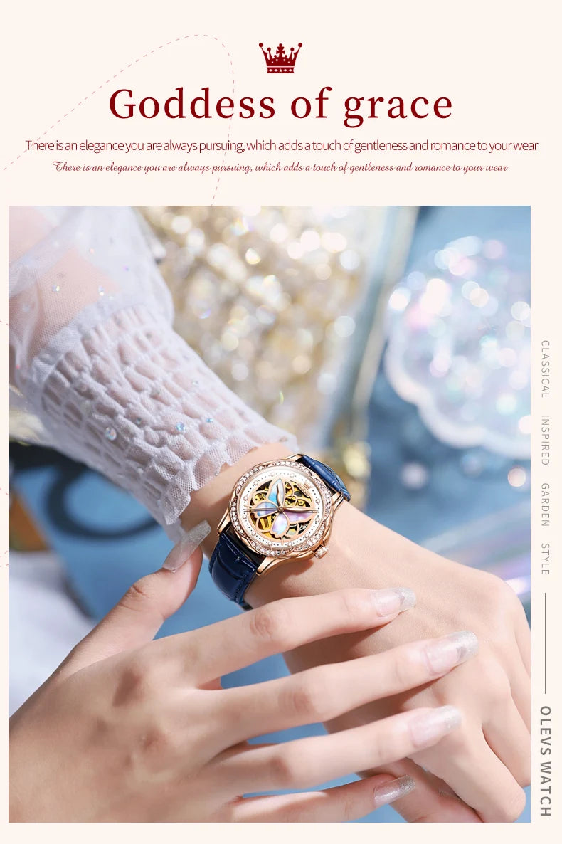 OLEVS 6615 Womens Watch Original Bezel Ceramic Mechanical Automatic Wristwatch Waterproof Luminous Ladies Watch Butterfly Dial - Smarsty