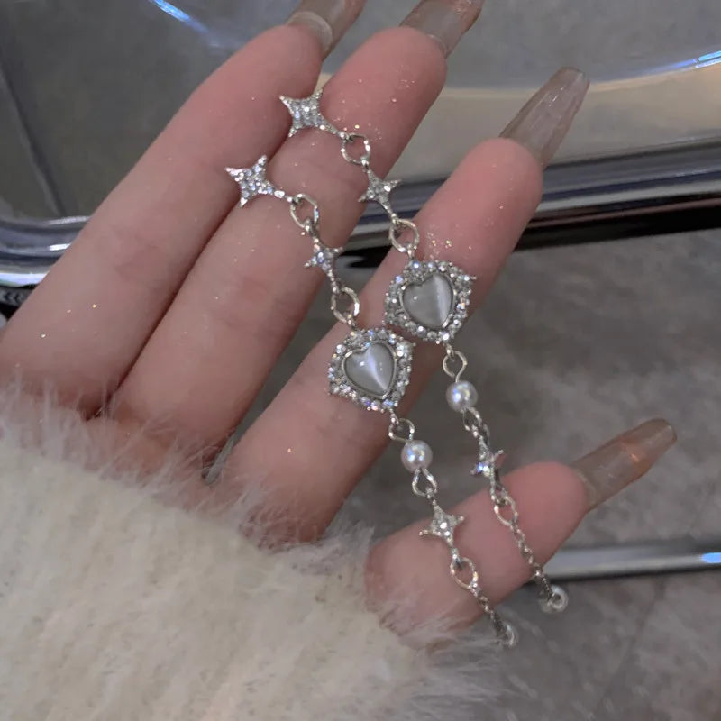 Y2K Pink Heart Star Tassel Earrings for Trendy Kpop Style - Smarsty